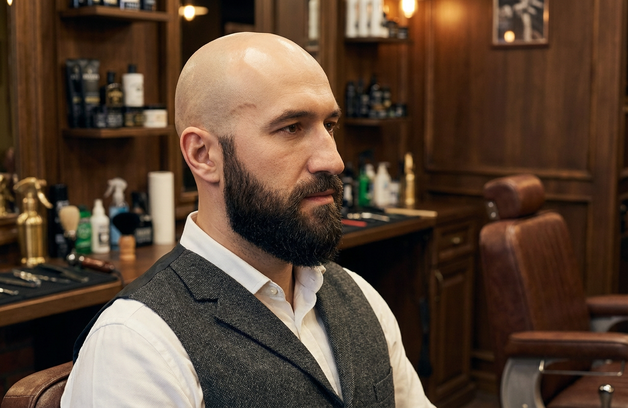 Side profile of a bearded man with a smooth bald head in a classic barbershop, generated by blondefilter.net