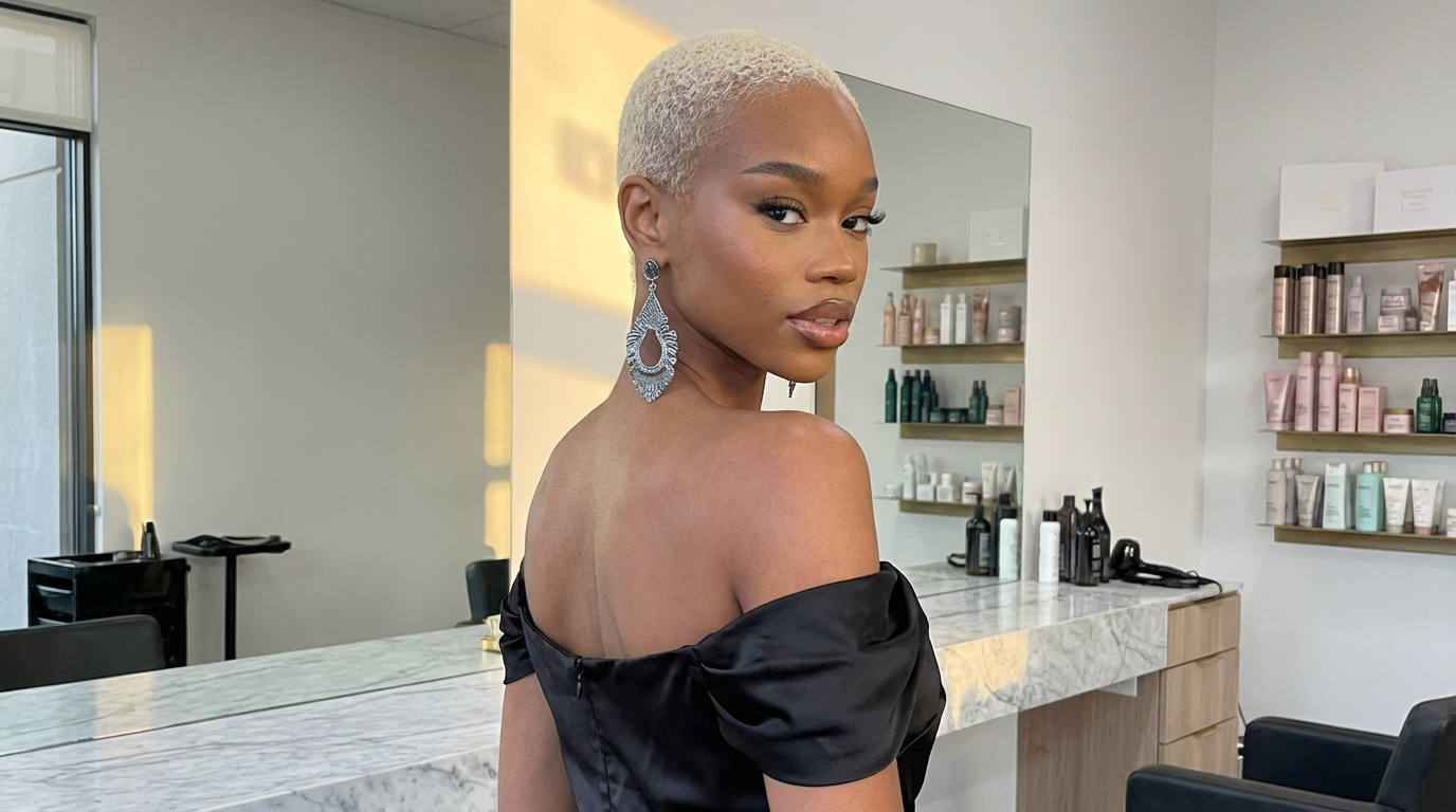 Over-shoulder view of a woman with a short blonde buzzed bald style in golden evening light, generated by blondefilter.net