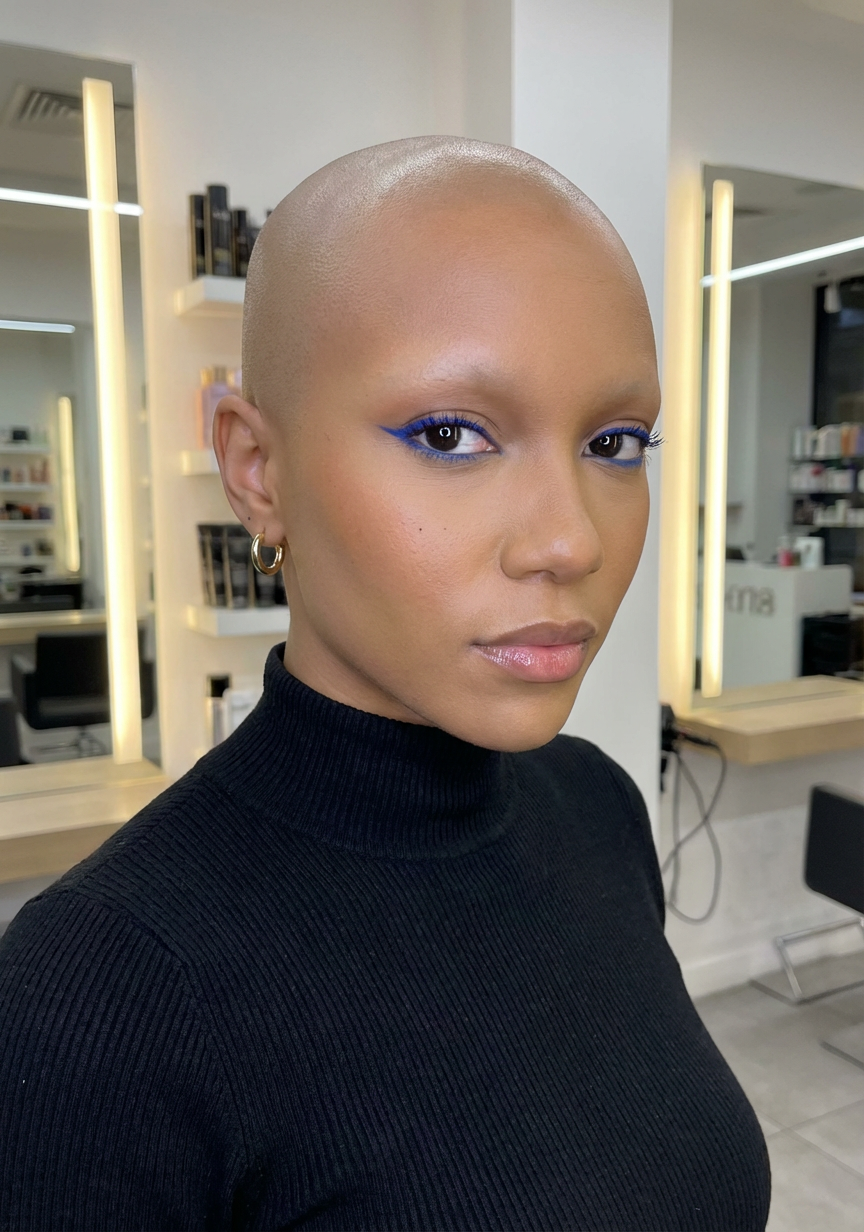 Close-up of a bald woman wearing bold blue eyeliner and gold hoop earrings in a studio salon, generated by blondefilter.net