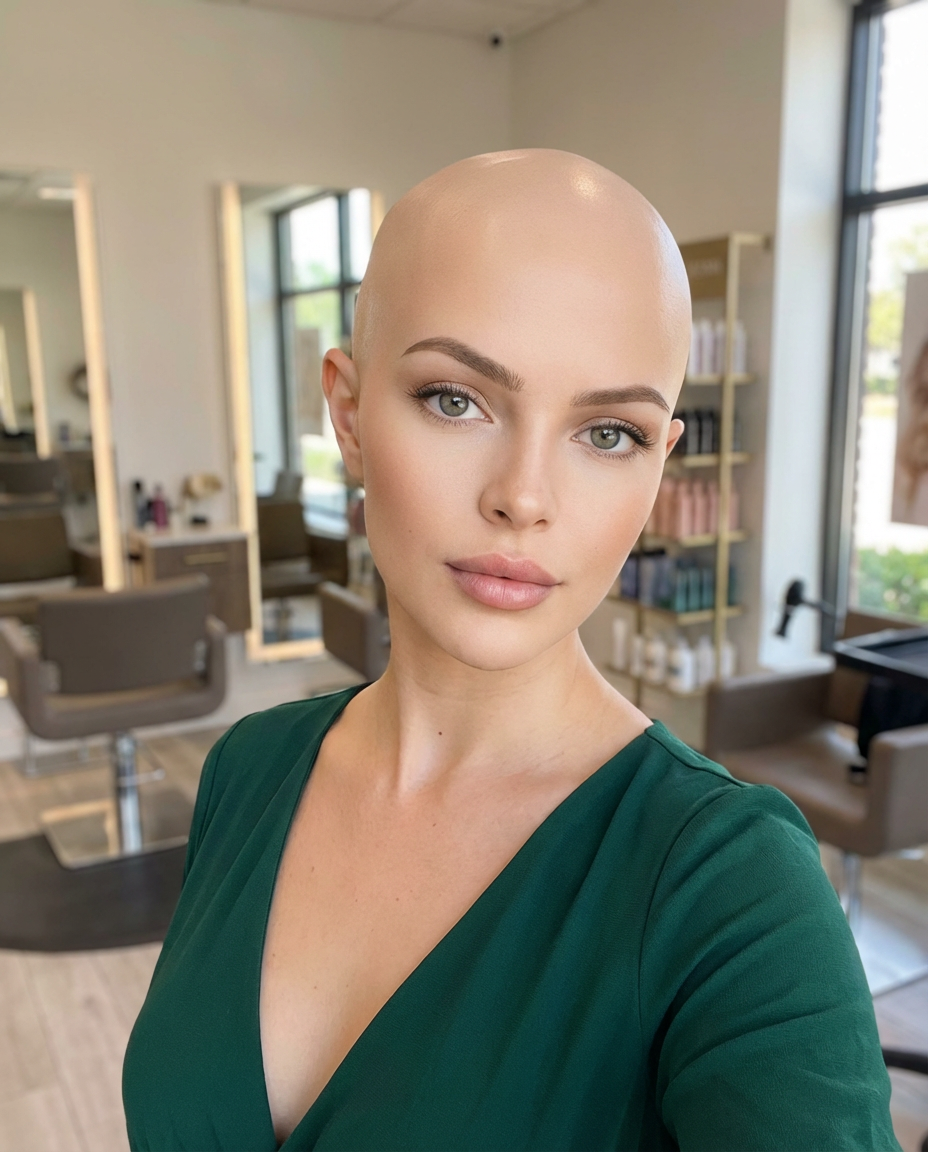 Natural-light selfie of a bald woman in a deep green dress inside a salon, generated by blondefilter.net
