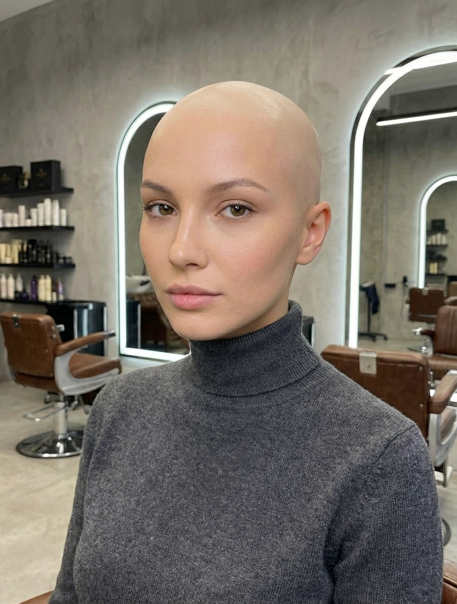 Front portrait of a bald woman in a gray turtleneck under soft studio lighting, generated by blondefilter.net