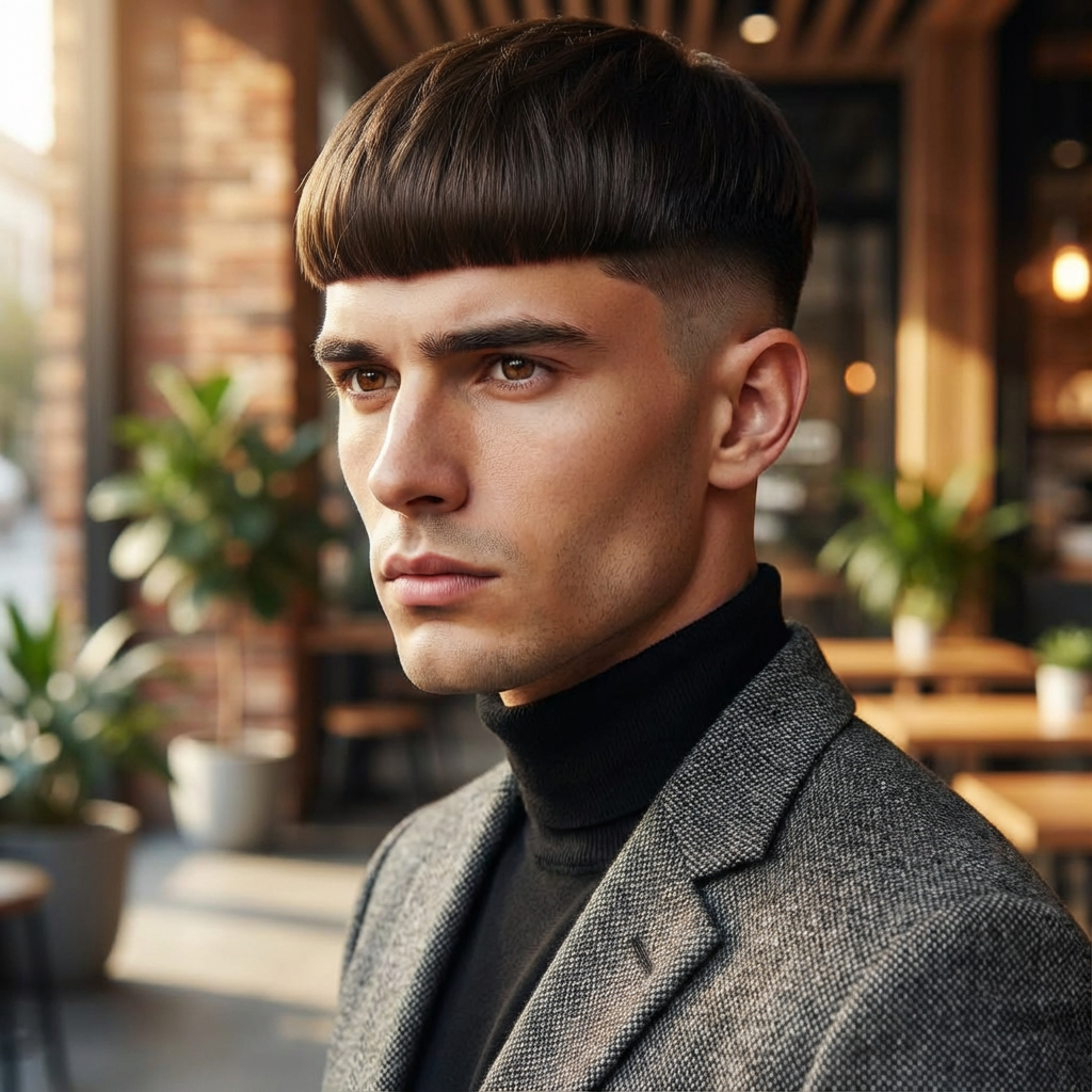 Studio close-up of man wearing blunt bowl cut with low fade and sharp fringe in warm café light generated by blondefilter.net