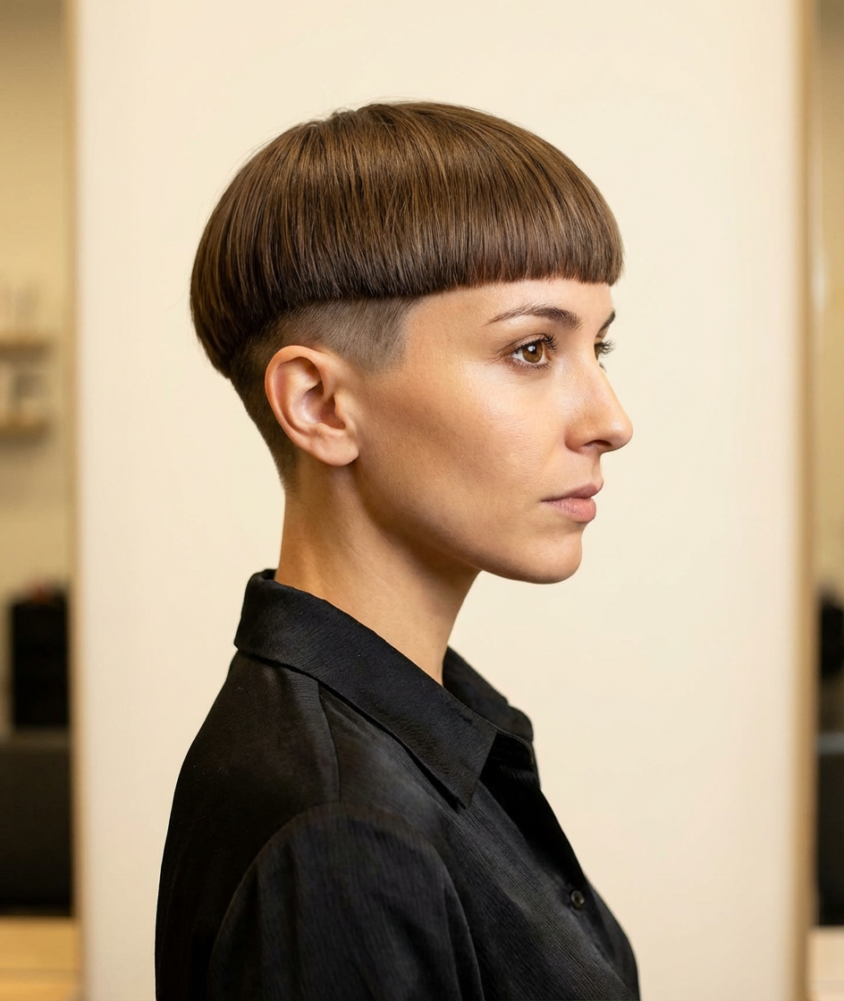 Profile view of woman with blunt bowl cut and defined undercut showing precise fringe line generated by blondefilter.net