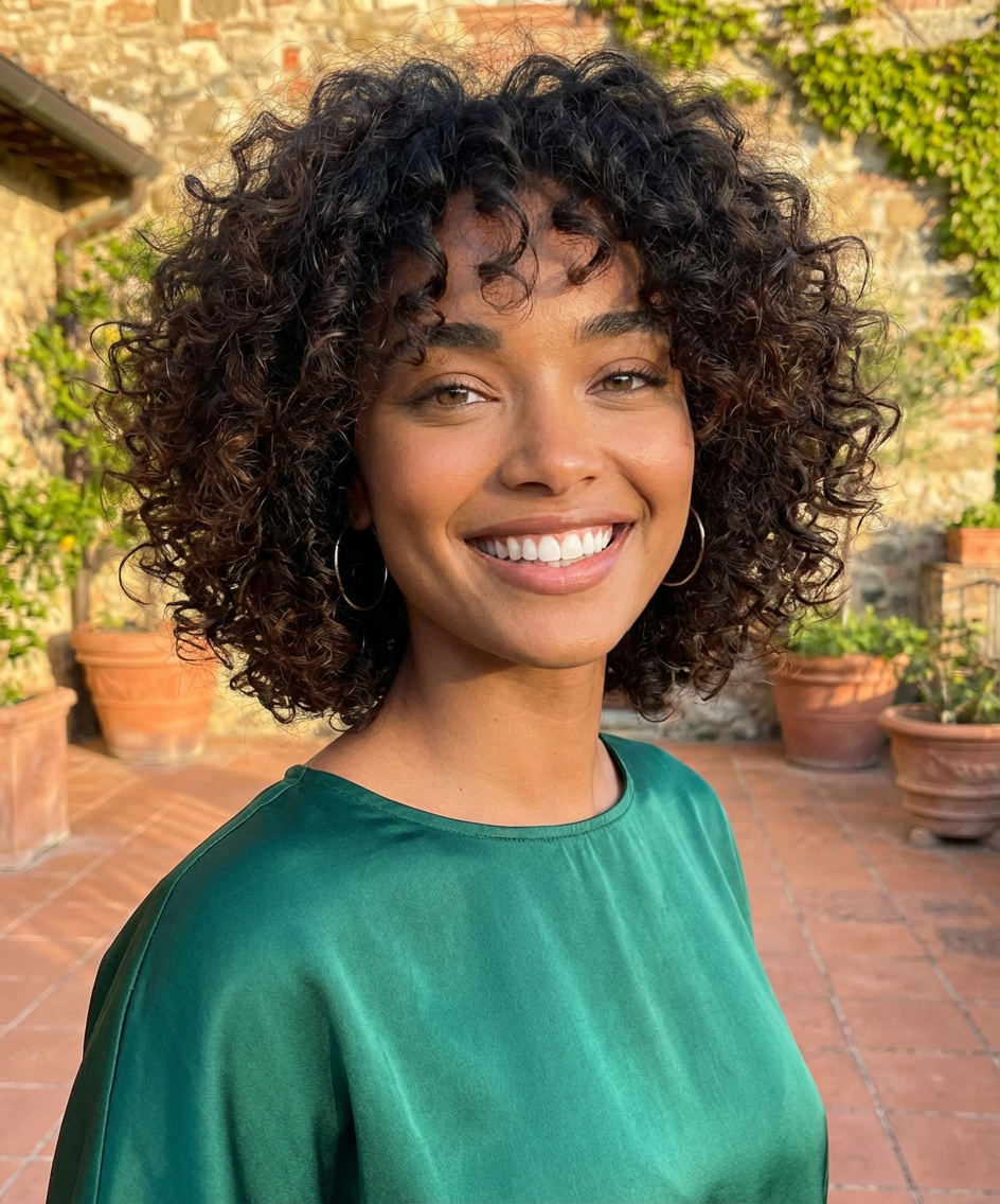 Sunlit outdoor portrait of woman with rounded curly bob cut and soft fringe framing the face generated by blondefilter.net