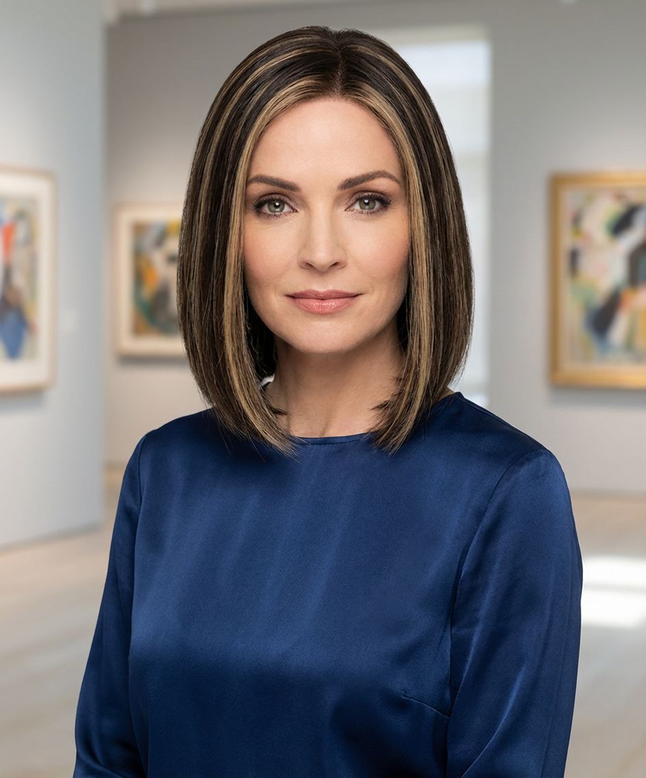 Gallery portrait of woman wearing polished straight bob cut with middle part and caramel highlights generated by blondefilter.net