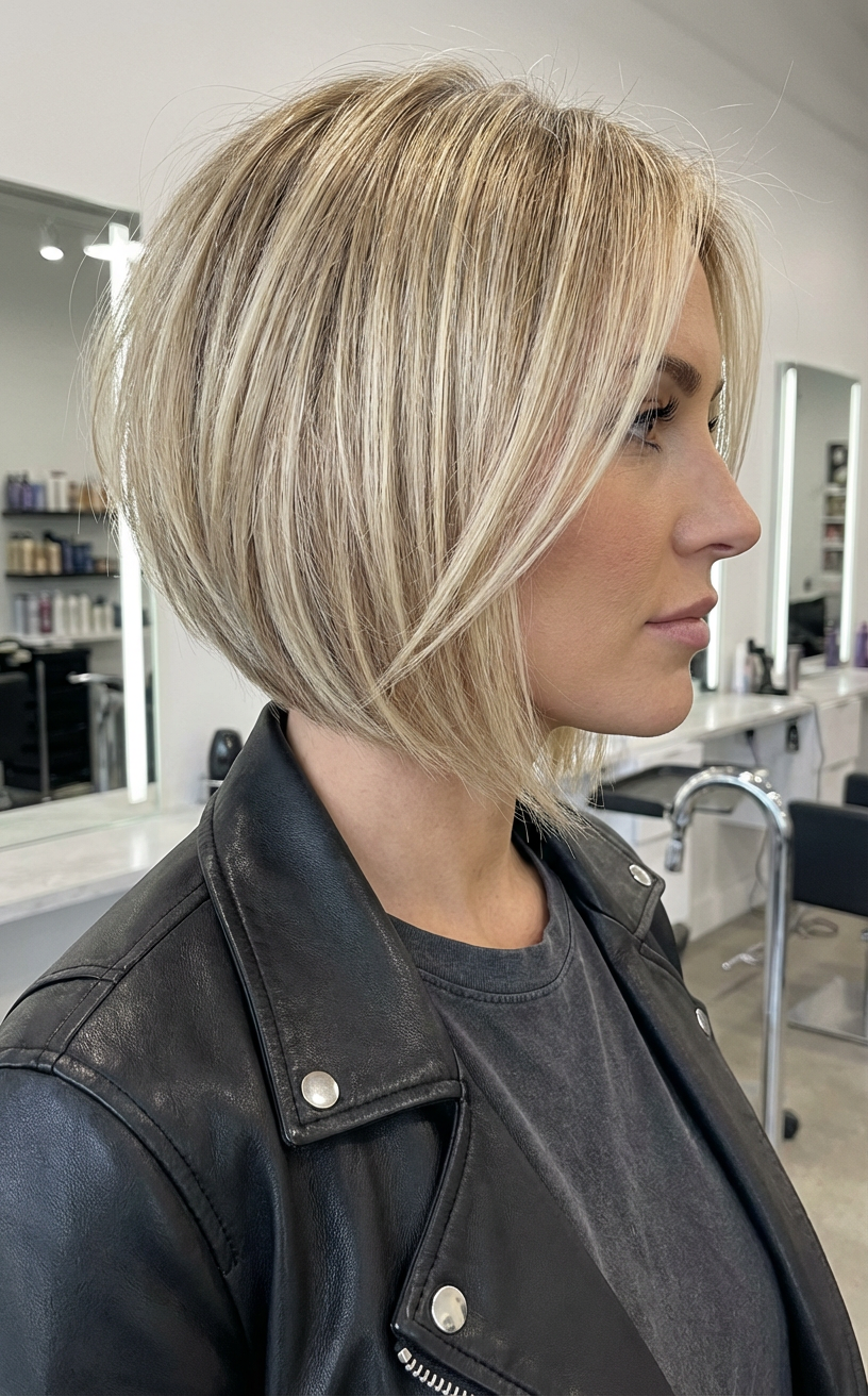 Salon side profile of woman with soft layered blonde bob cut and natural volume generated by blondefilter.net