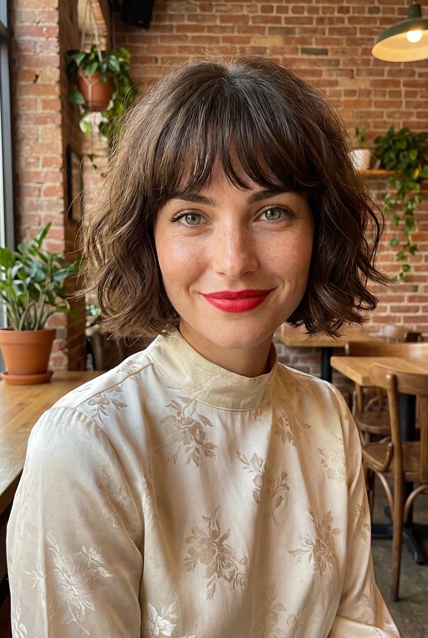 Cozy cafe close-up of woman with textured bob cut and full fringe styled in loose waves generated by blondefilter.net