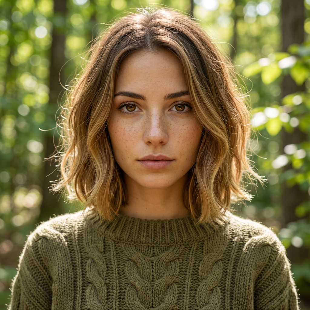Natural outdoor close-up of woman with undone textured bob cut and soft waves in forest light generated by blondefilter.net