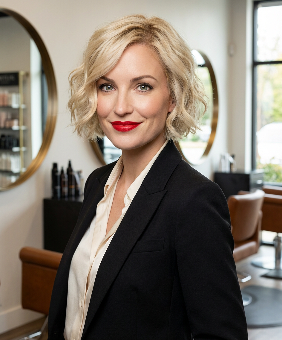 Professional studio portrait of woman with chin-length blonde short wavy bob parted to the side and polished waves generated by blondefilter.net