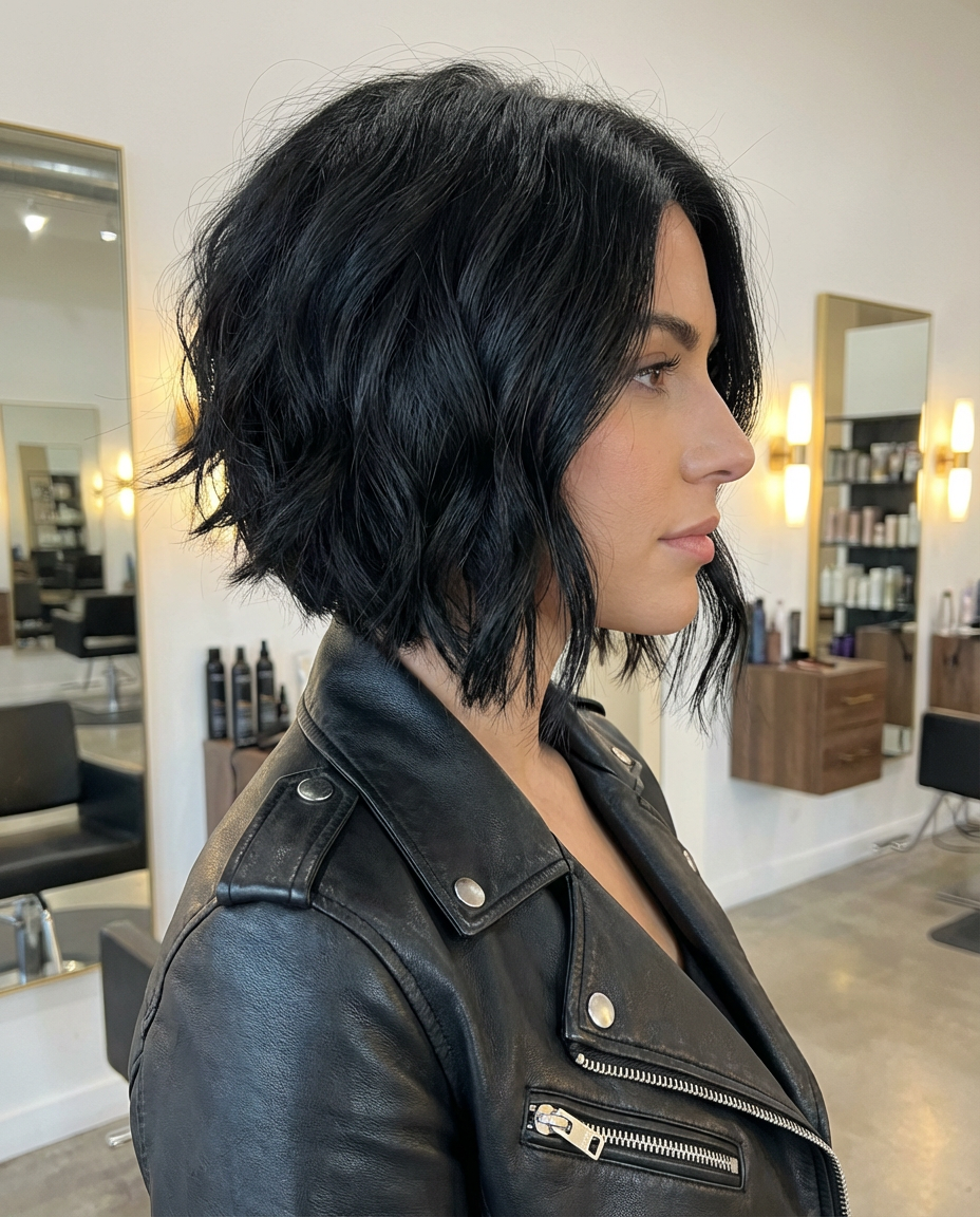 Side view of woman with jet black short wavy bob cut in an angled, textured shape with piecey ends generated by blondefilter.net