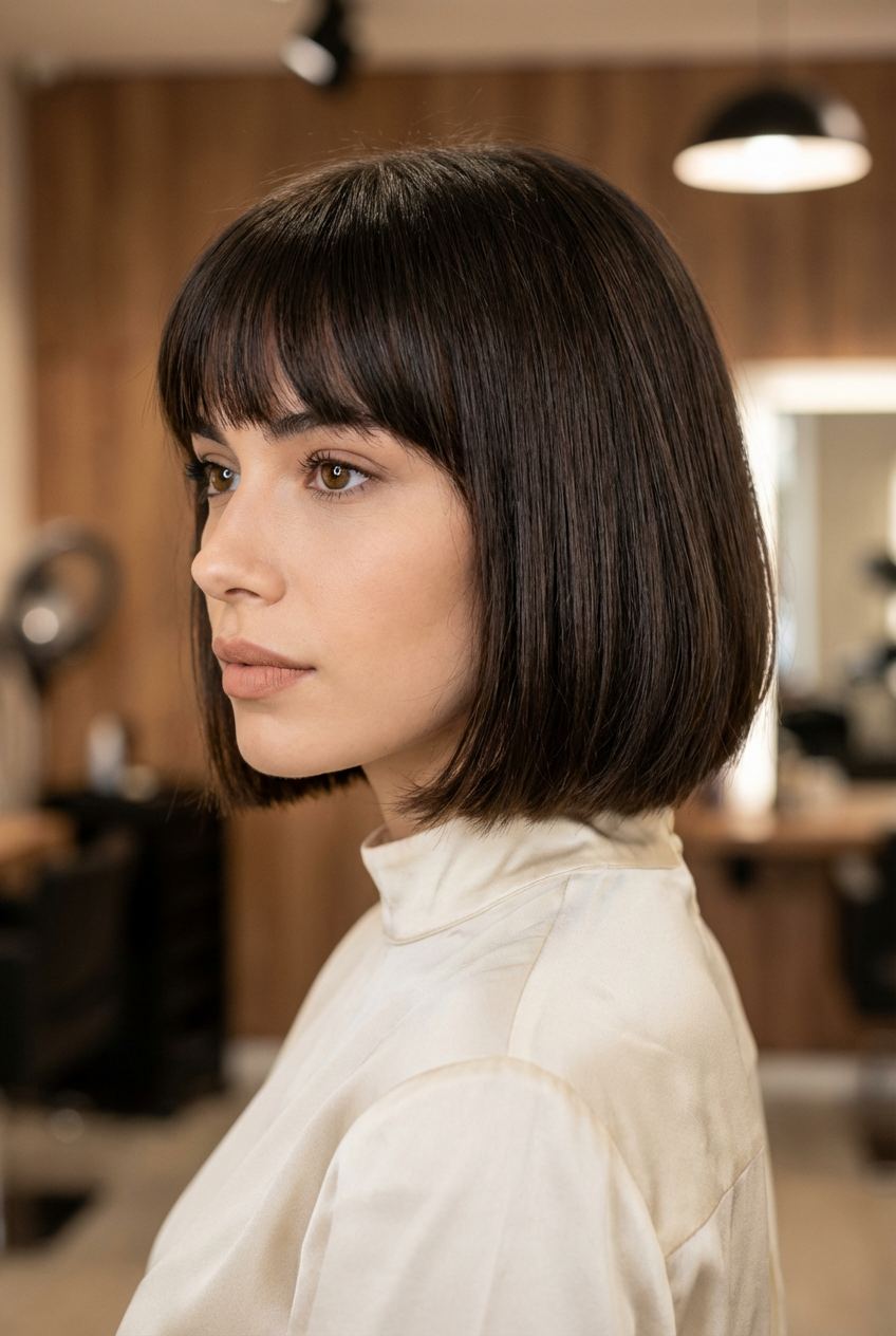Side profile of woman with a chin-length short bob and blunt bangs, smooth finish, salon setting generated by blondefilter.net