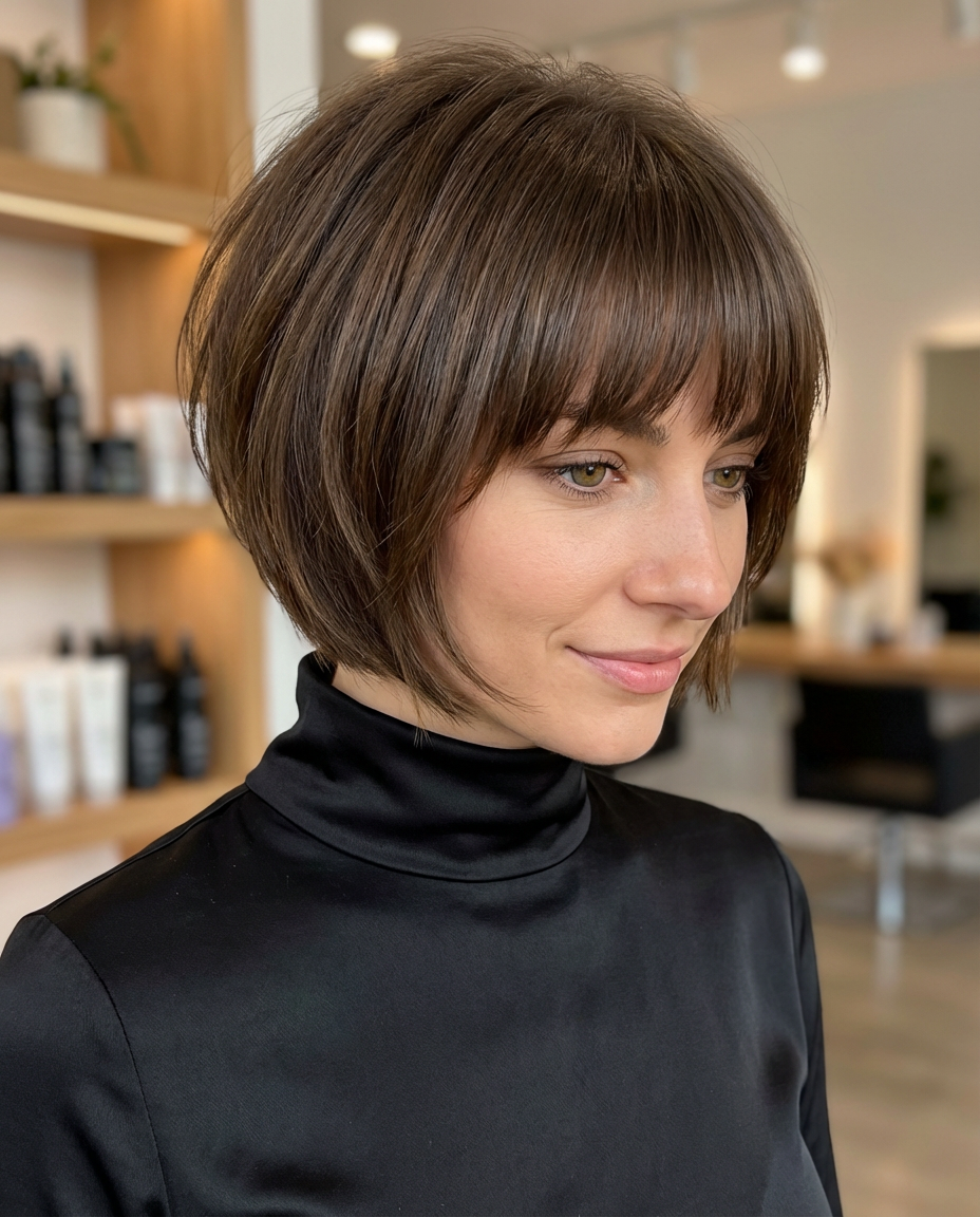 Three-quarter view of woman showing a rounded layered short bob with wispy bangs and added crown volume generated by blondefilter.net