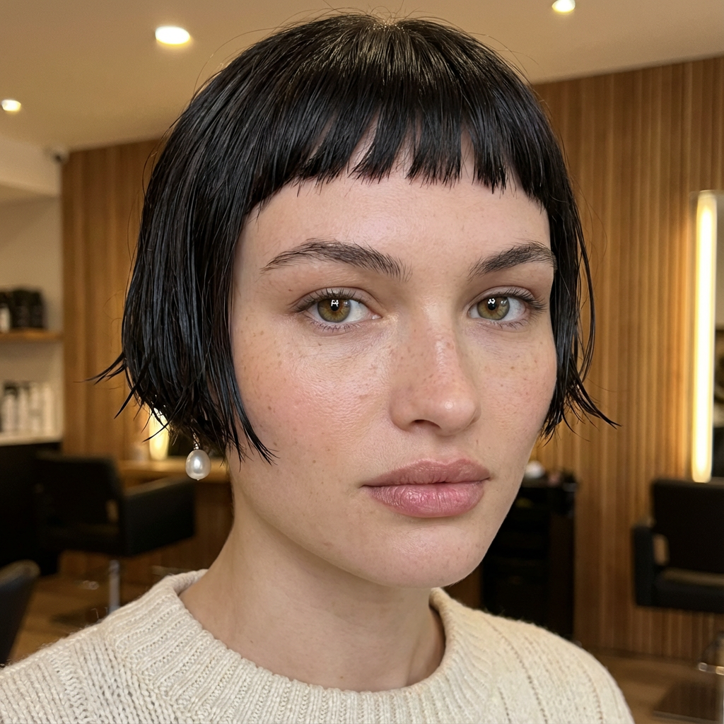 Close-up of woman with edgy micro bangs and short bob styled in a wet, piecey texture generated by blondefilter.net