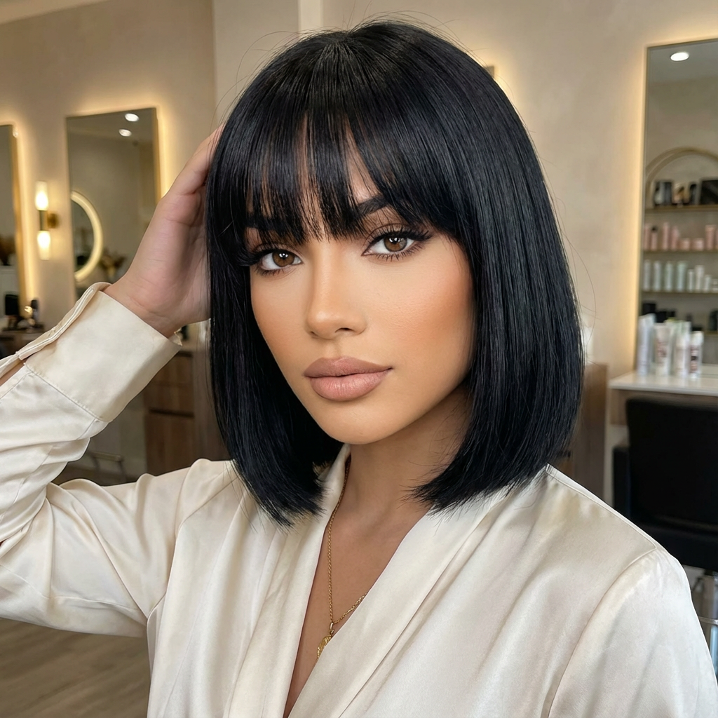 Woman with sleek jet-black short bob and full fringe, polished straight styling in salon interior generated by blondefilter.net