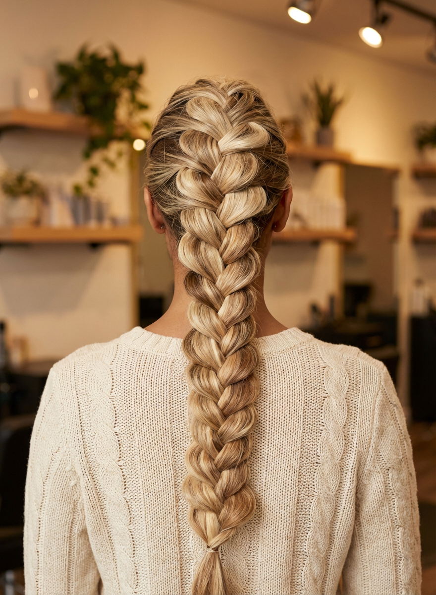 Rear close-up of thick Dutch braid with wide sections and textured volume generated by blondefilter.net