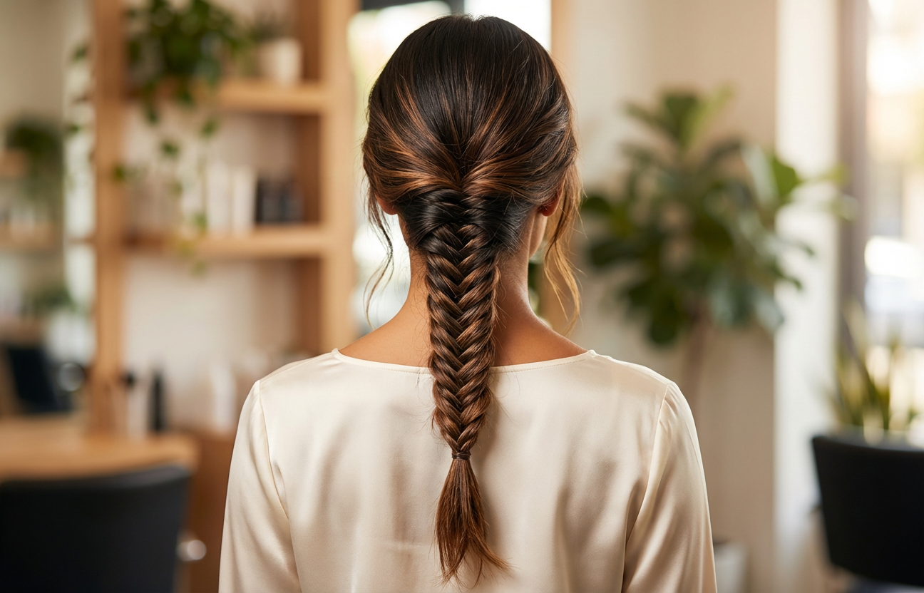 Back view of model with a long fishtail braid centered down the back generated by blondefilter.net