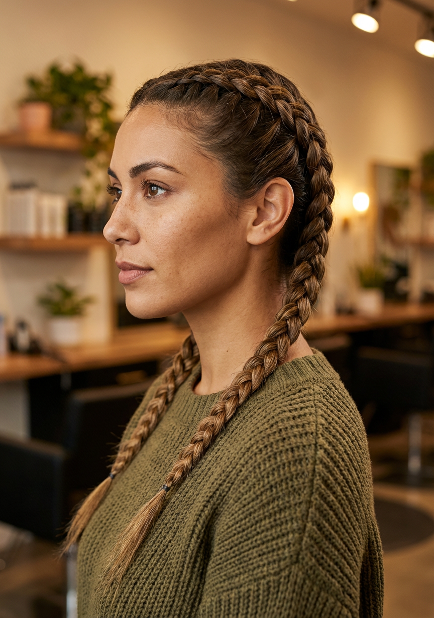 Side profile showing two neat twin braids running from scalp to ends generated by blondefilter.net