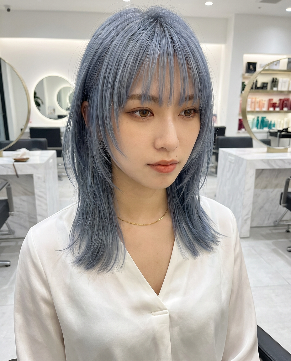 Three-quarter view of woman with icy blue layered hair and fine choppy bangs in a bright white salon, generated by blondefilter.net