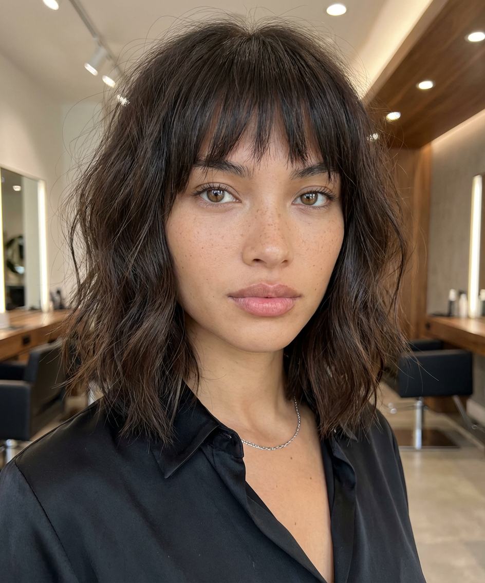 Salon close-up of woman with shoulder-length wavy dark hair and soft choppy bangs framing her face, generated by blondefilter.net