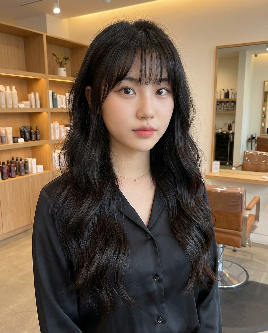 Front portrait of woman with long dark wavy hair and wispy choppy bangs in a modern salon interior, generated by blondefilter.net