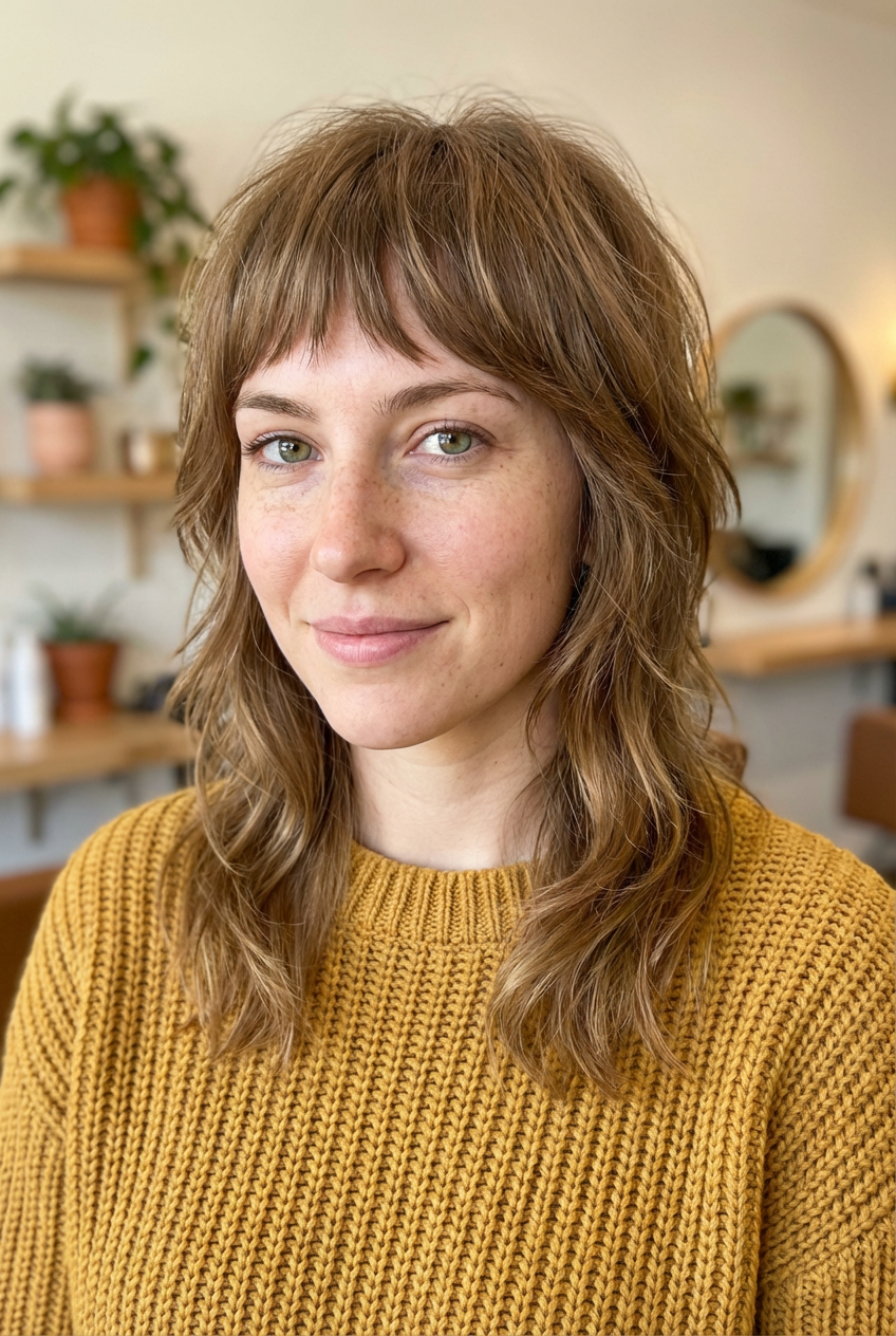 Warm-toned salon portrait of woman with light brown shag haircut and short choppy bangs, generated by blondefilter.net