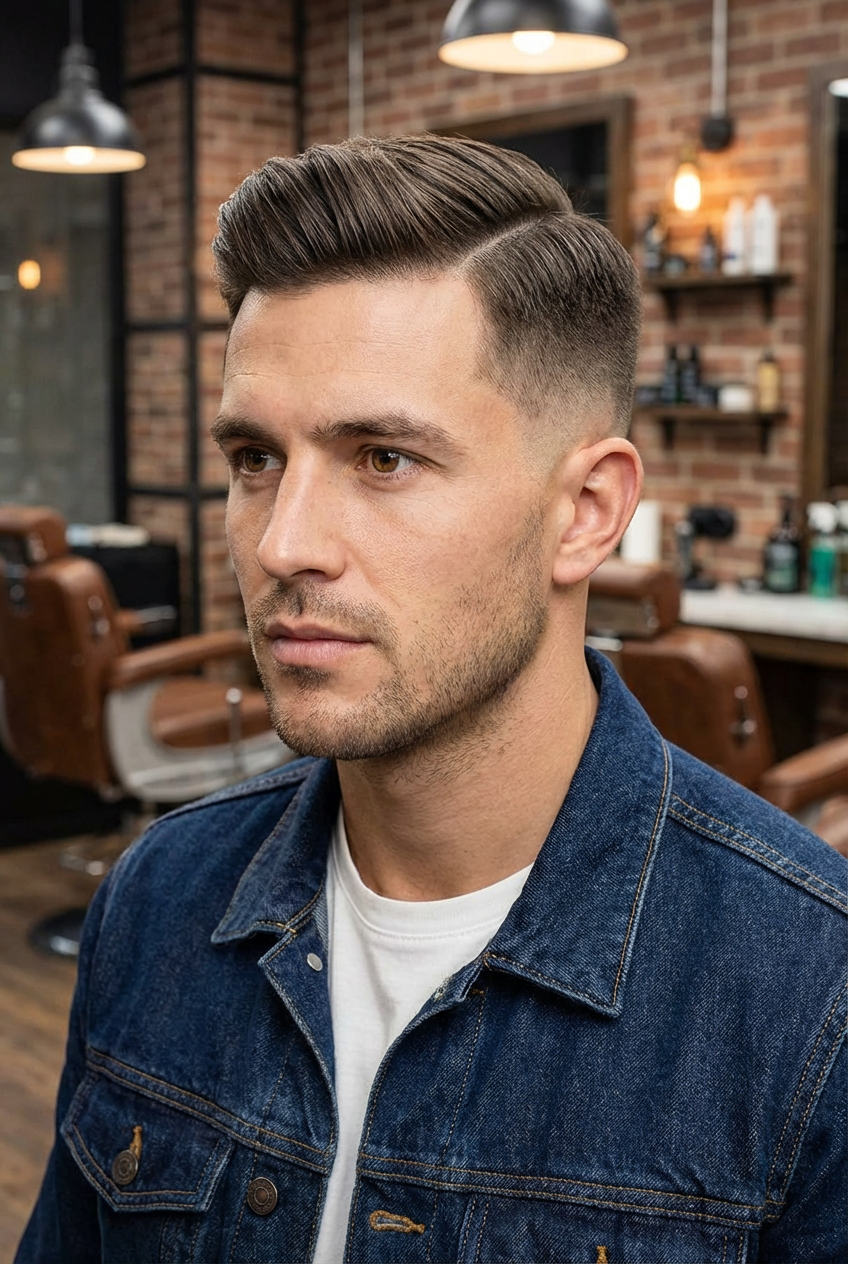 Three-quarter barbershop portrait of a man with a classic comb over and low skin fade in a denim jacket, generated by blondefilter.net