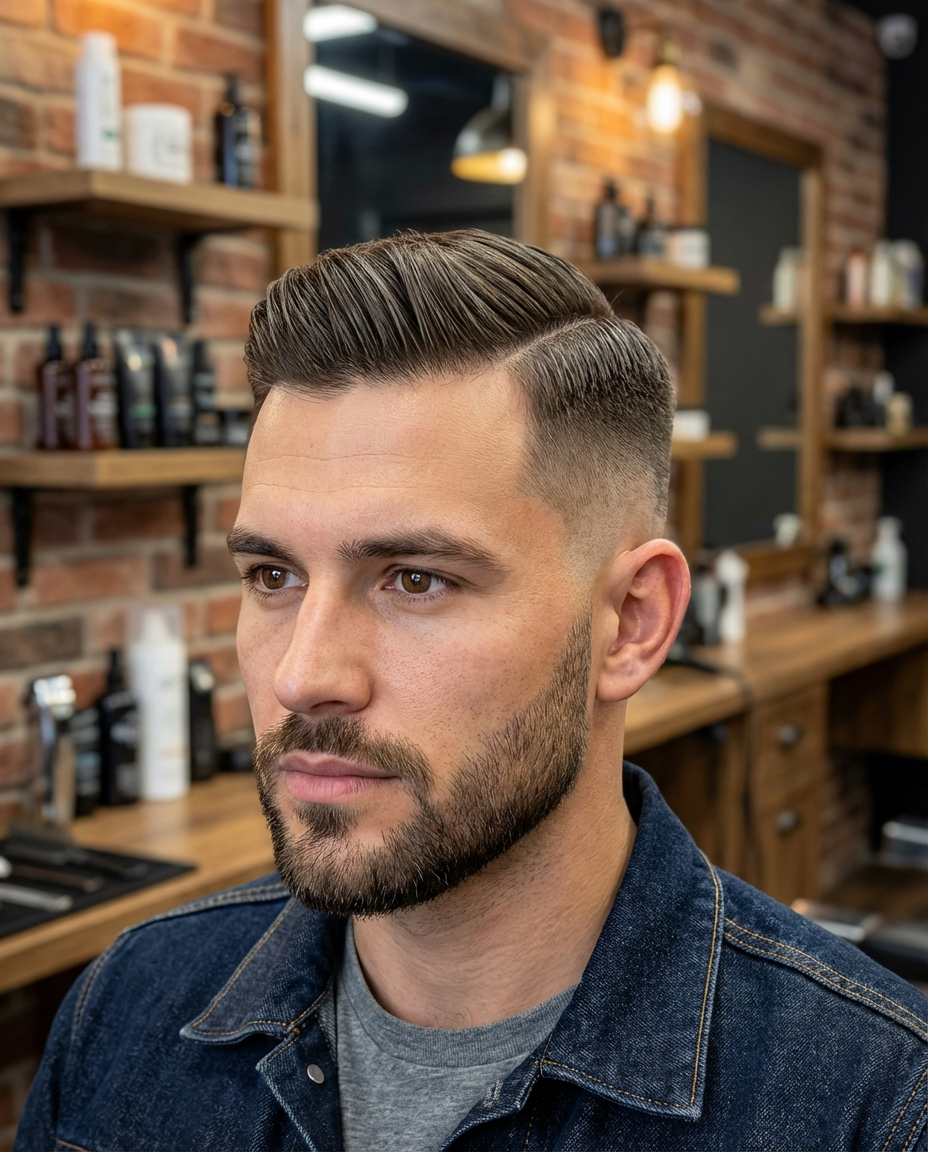 Three-quarter barbershop shot of a man with a comb over fade and neatly trimmed beard in a denim jacket, generated by blondefilter.net