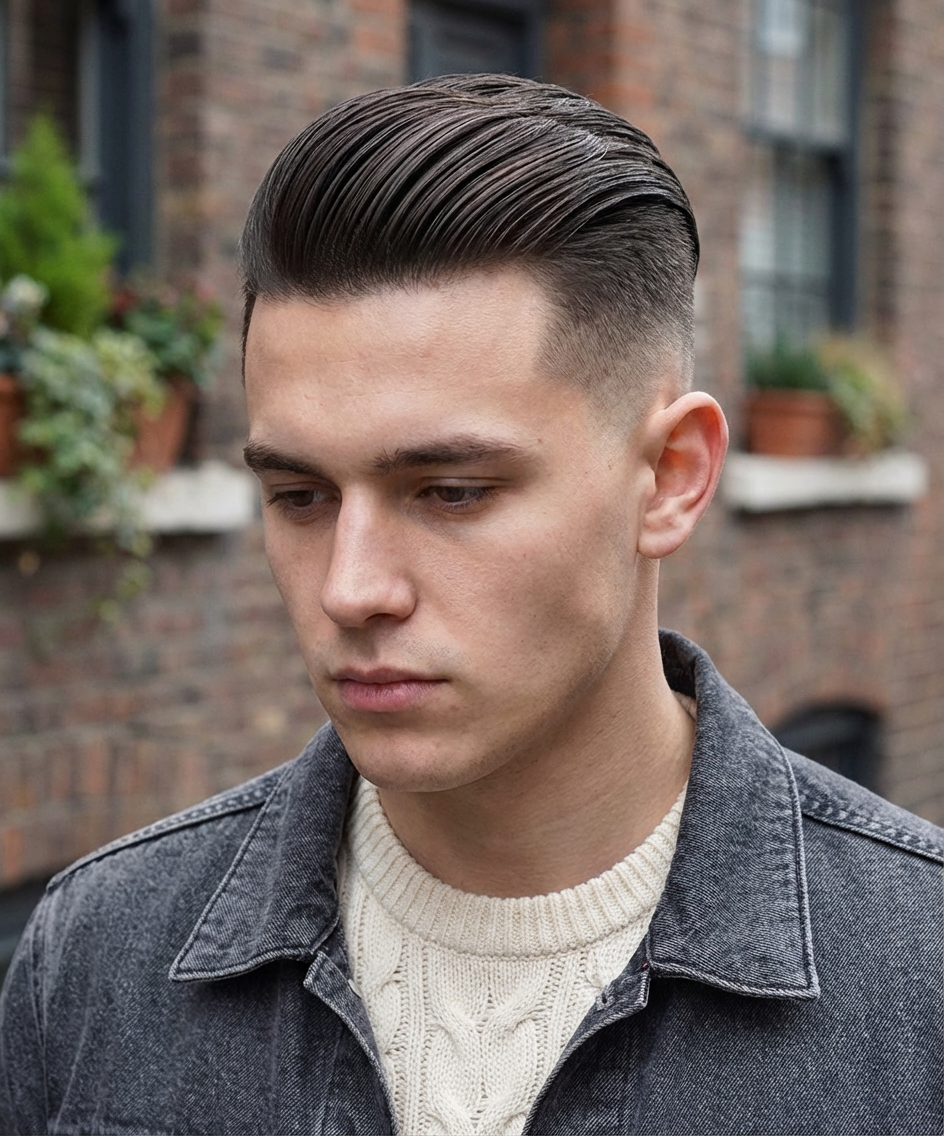 Outdoor portrait of a man with a longer comb over styled back with a taper fade and knit sweater, generated by blondefilter.net
