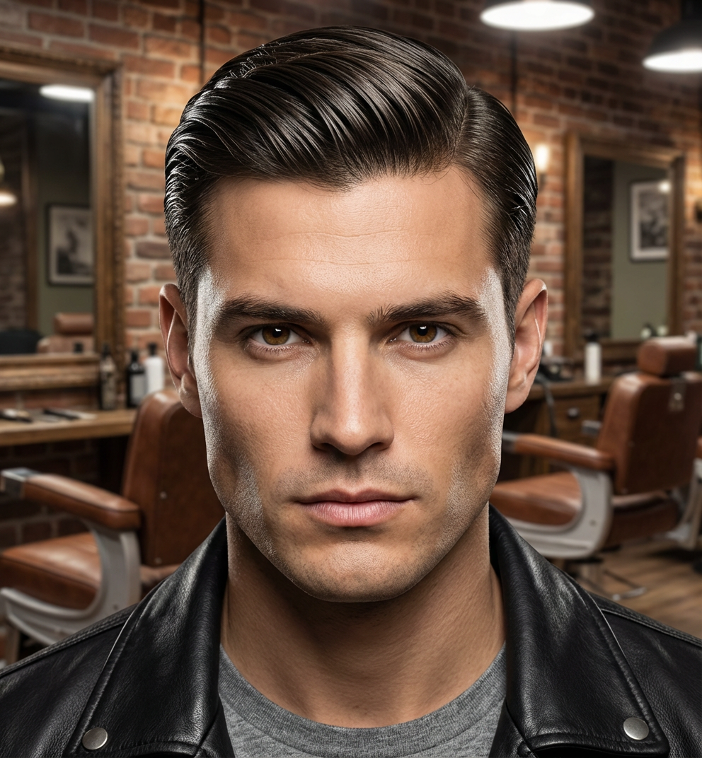 Front barbershop portrait of a man wearing a sleek comb over with a defined side part and glossy finish, generated by blondefilter.net