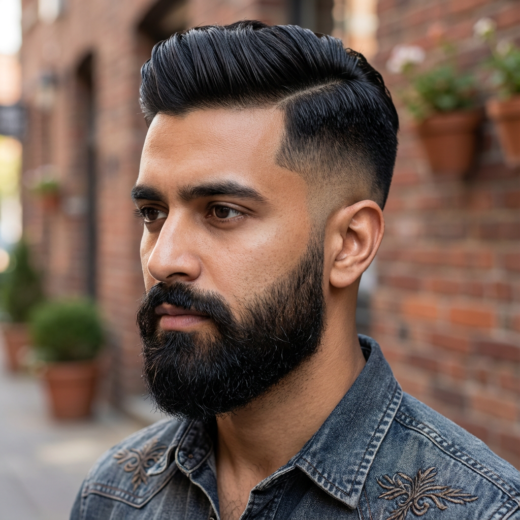 Outdoor street close-up of a man with a dark comb over fade and full beard, generated by blondefilter.net