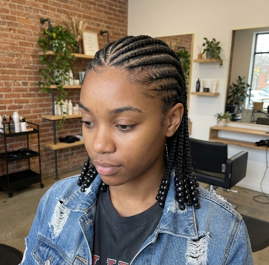 Studio close-up of woman wearing straight-back cornrow braids finished with black beads in a salon chair generated by blondefilter.net
