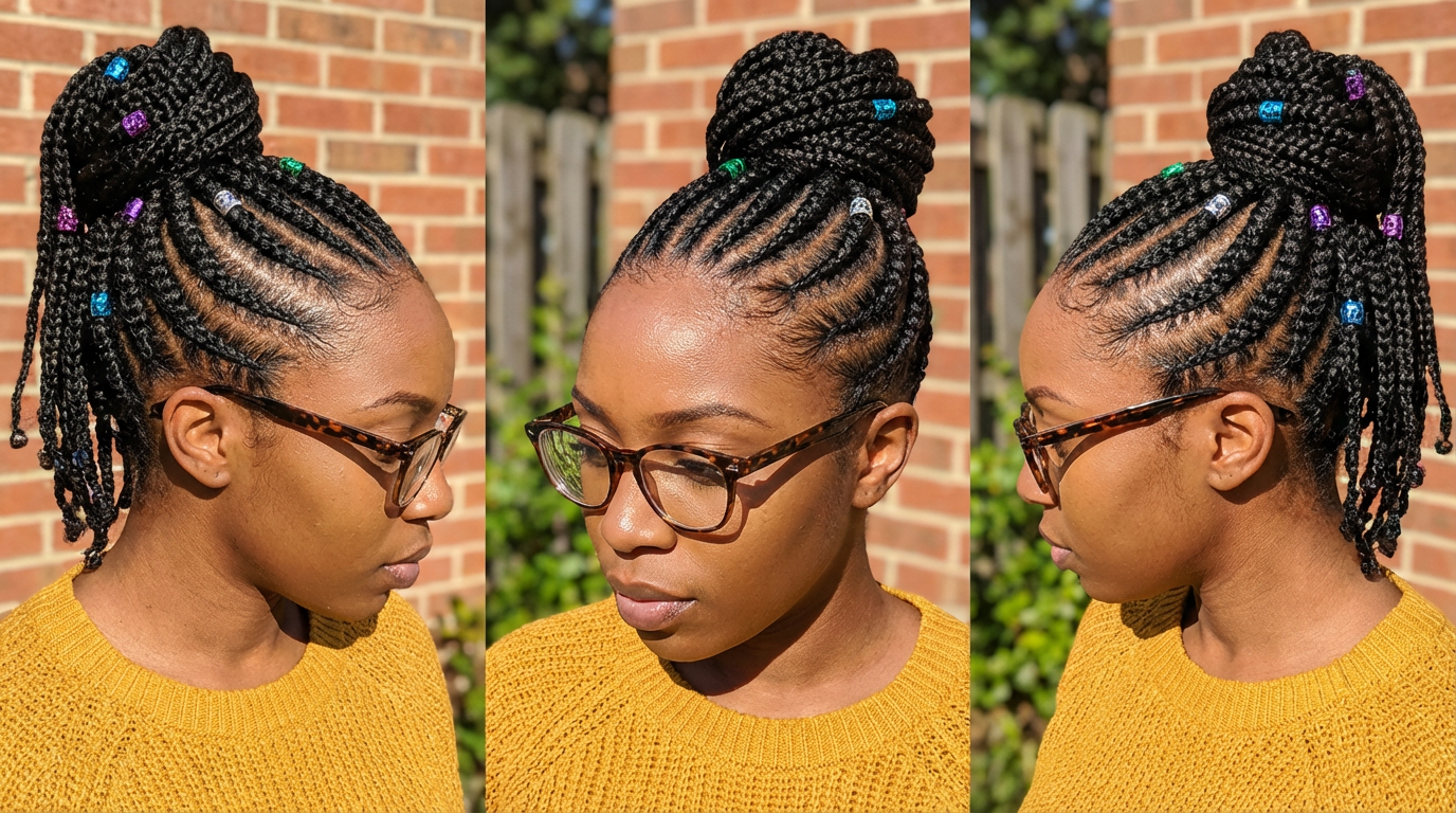Triple-angle view of woman with high bun cornrow braids decorated with colorful beads and tortoiseshell glasses generated by blondefilter.net