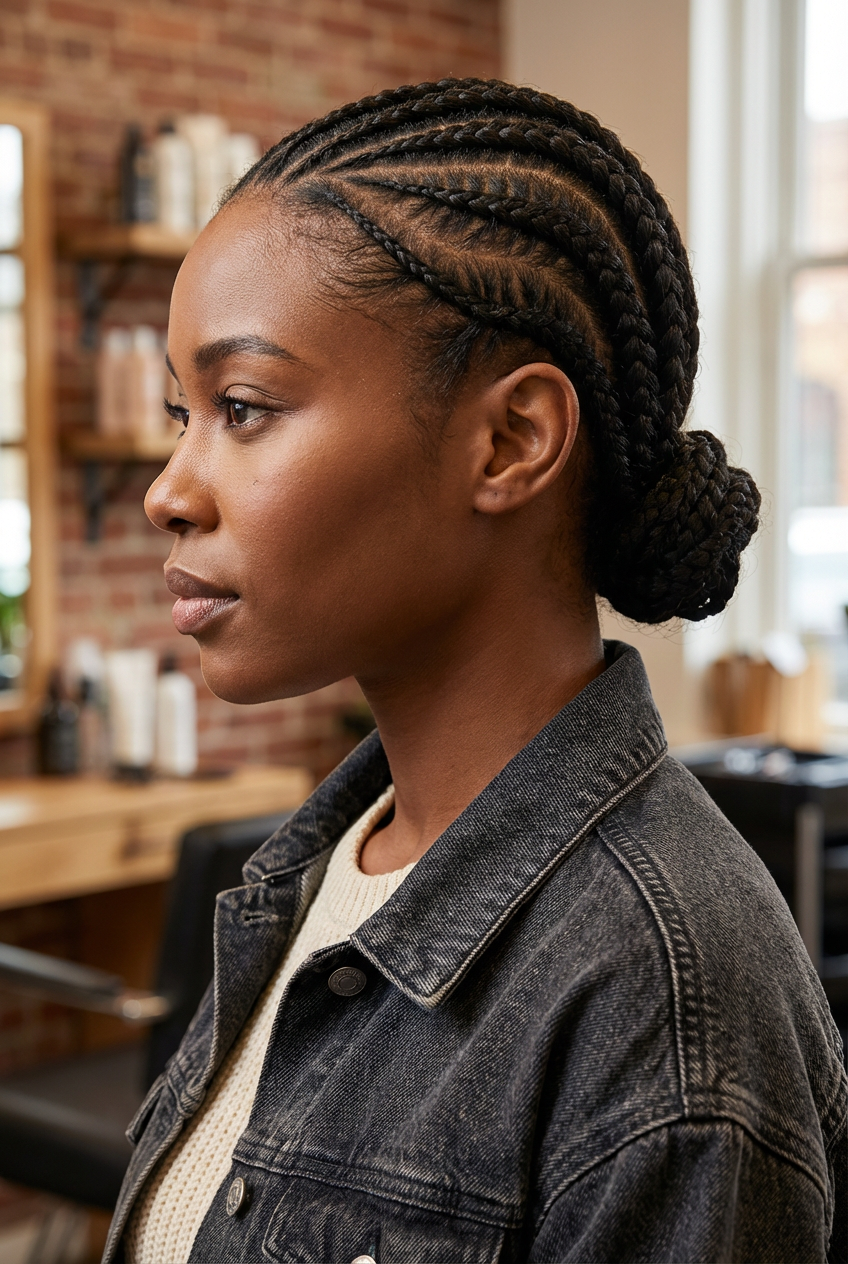 Side profile of woman with sleek cornrow braids wrapped into a low braided bun generated by blondefilter.net