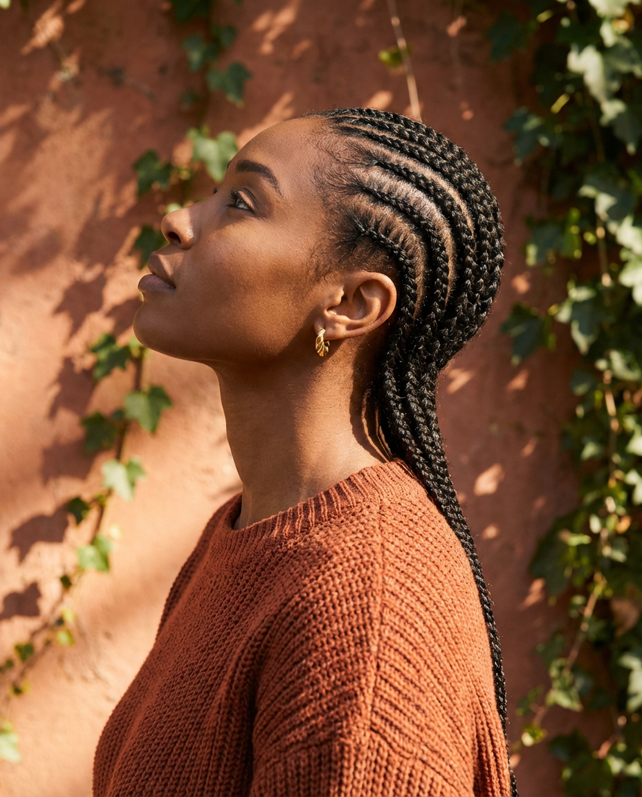 Side profile of woman with sleek long cornrow braids against a warm textured wall generated by blondefilter.net