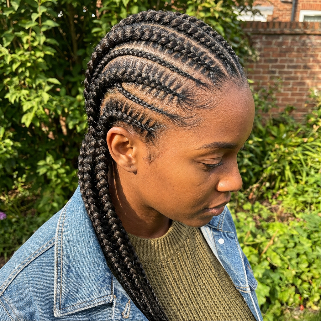 Outdoor close-up of woman with long straight-back cornrow braids and tapered side detail generated by blondefilter.net