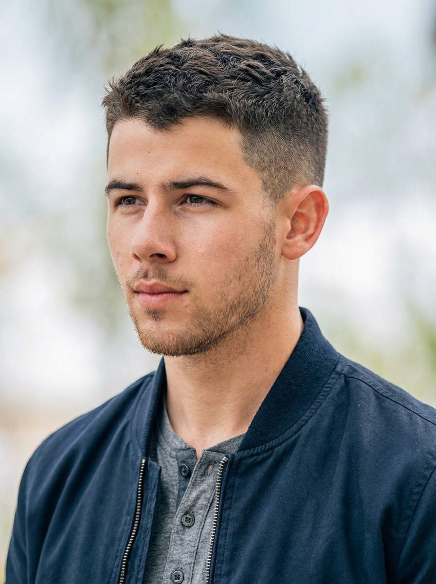 Outdoor portrait of man wearing a classic textured crew cut fade generated by blondefilter.net
