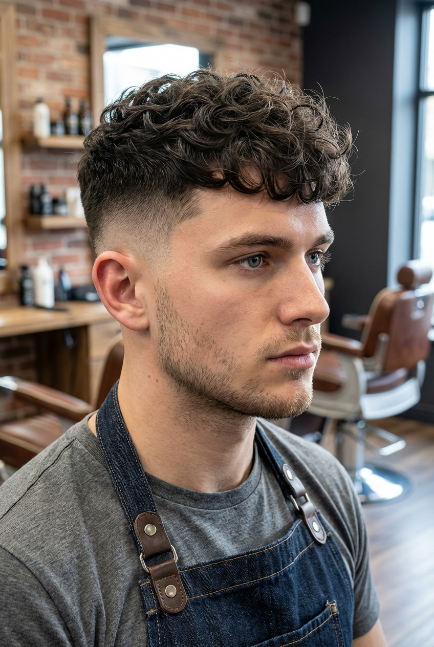 Barbershop three-quarter close-up of man with curly crew cut and high skin fade generated by blondefilter.net
