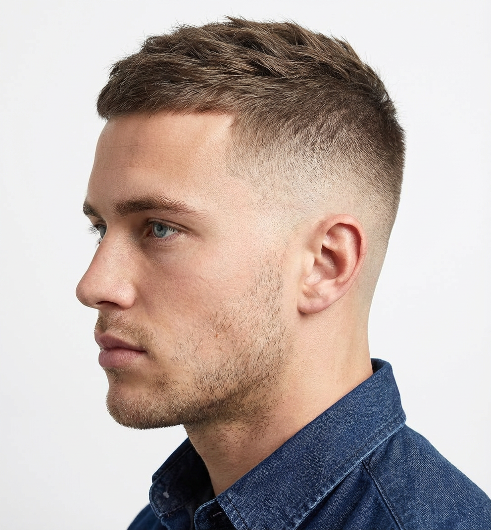 Studio side profile of man with modern crew cut and clean skin fade generated by blondefilter.net