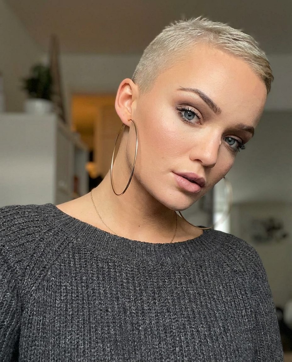 Indoor selfie of model with platinum ultra-short crew cut hairstyle generated by blondefilter.net