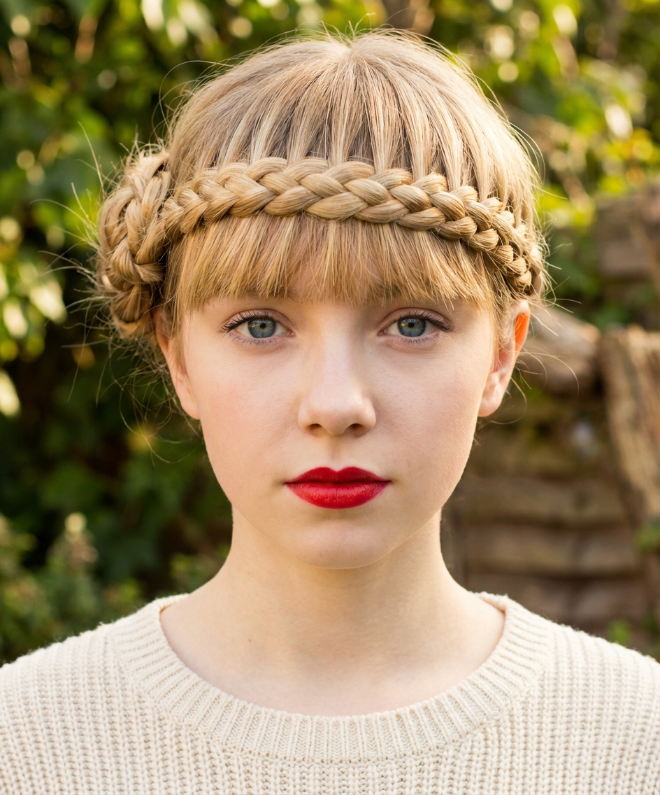 Front view of blonde crown braid circling blunt bangs with bold red lipstick, generated by blondefilter.net