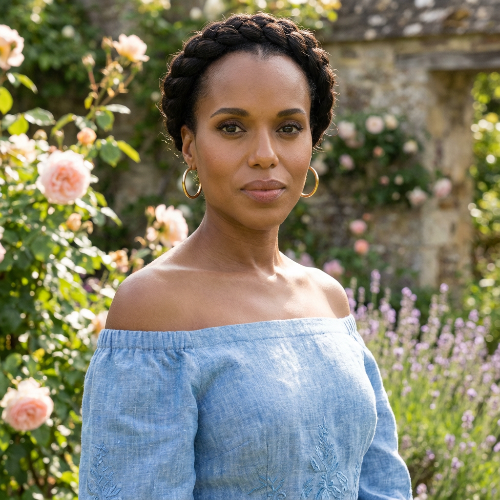 Outdoor portrait of woman in a blue off-shoulder dress wearing a classic crown braid in a rose garden, generated by blondefilter.net