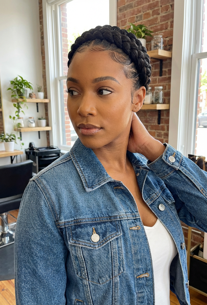Modern salon look showing a sleek crown braid with laid edges paired with a denim jacket, generated by blondefilter.net