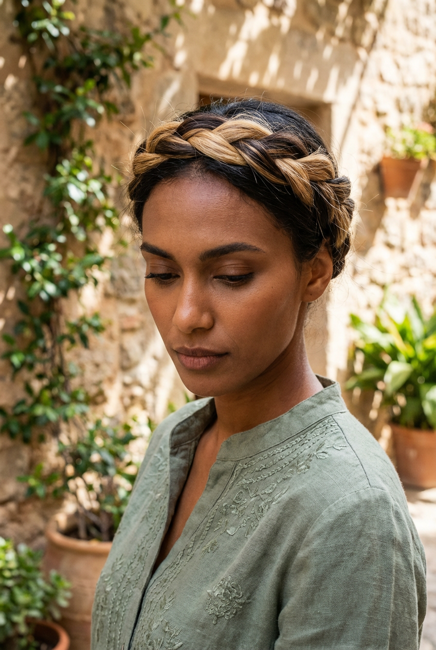 Sunlit side profile of woman with a two-tone crown braid in a stone courtyard, generated by blondefilter.net