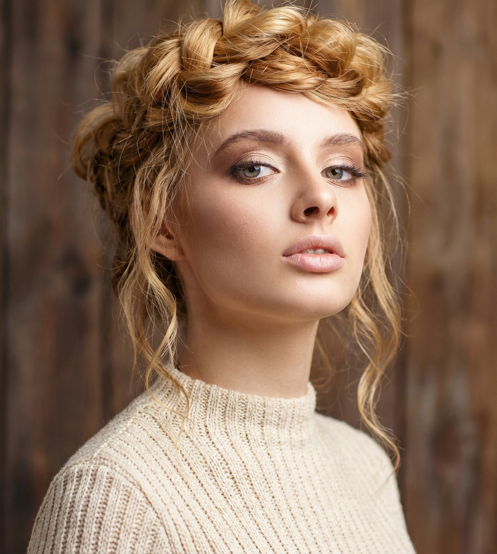 Editorial portrait of a voluminous ornate crown braid with loose tendrils framing the face, generated by blondefilter.net