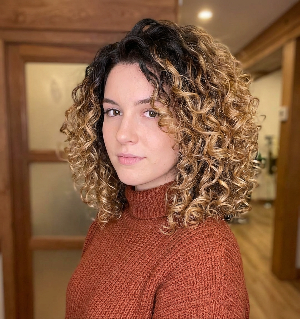 Three-quarter view of woman with blonde highlighted curly bob wearing rust turtleneck generated by blondefilter.net