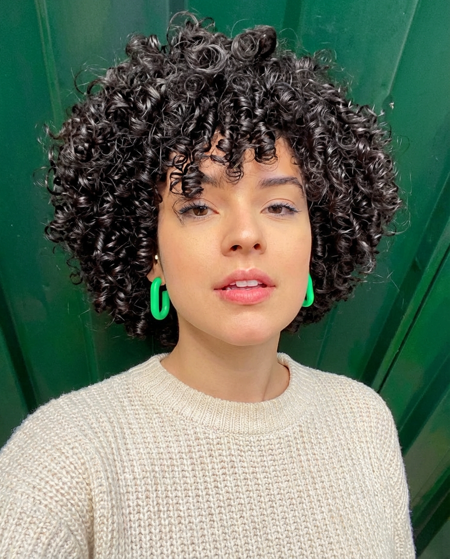 Close-up of woman with rounded coily curly bob and green earrings against green backdrop generated by blondefilter.net