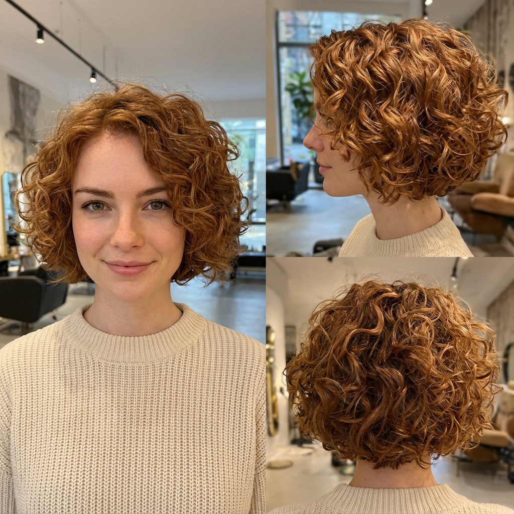 Three-view collage showing copper layered curly bob from front side and back generated by blondefilter.net