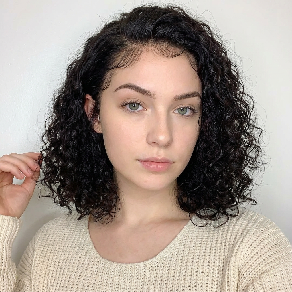 Front portrait of woman with natural black curly bob and soft side part generated by blondefilter.net