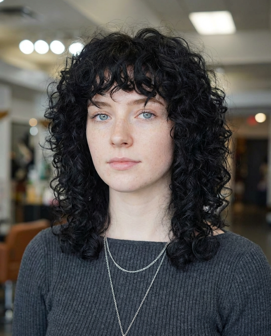 Indoor portrait of woman with dark curly shag and short piecey bangs generated by blondefilter.net