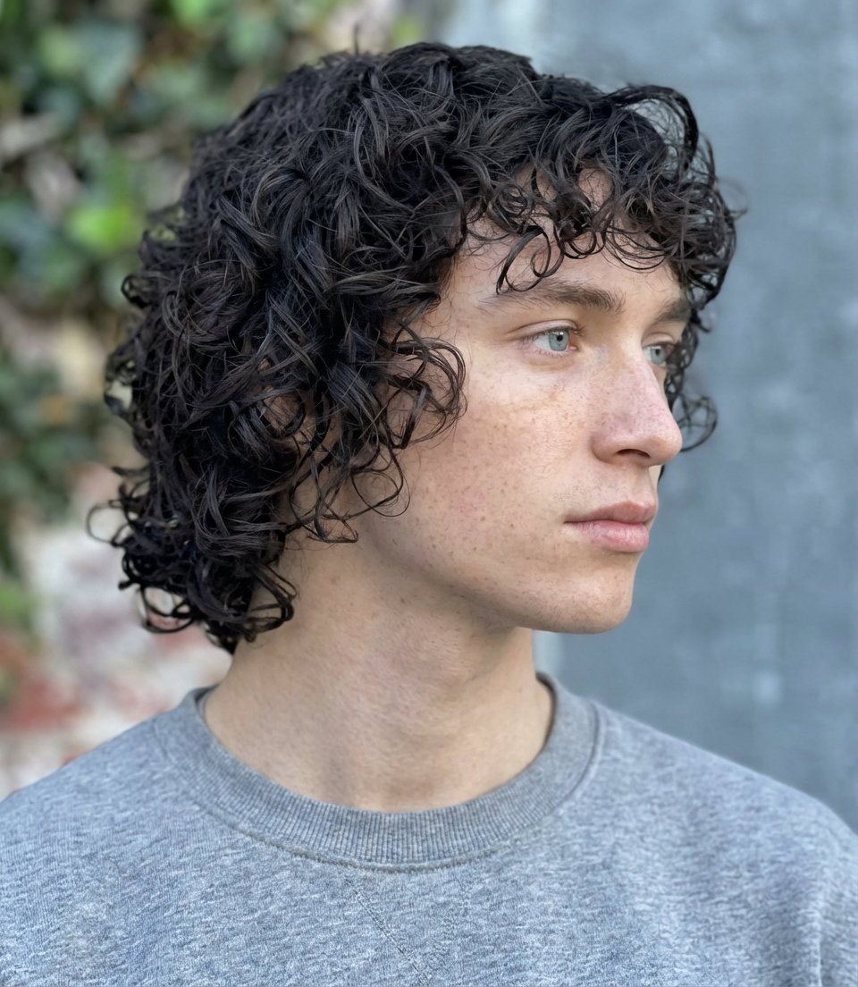 Outdoor side profile of man with medium-length curly shag and loose waves generated by blondefilter.net